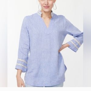 Chicos Linen Embrioderd Tunic Top  Blue with White Accents Size 0.5 (6)
